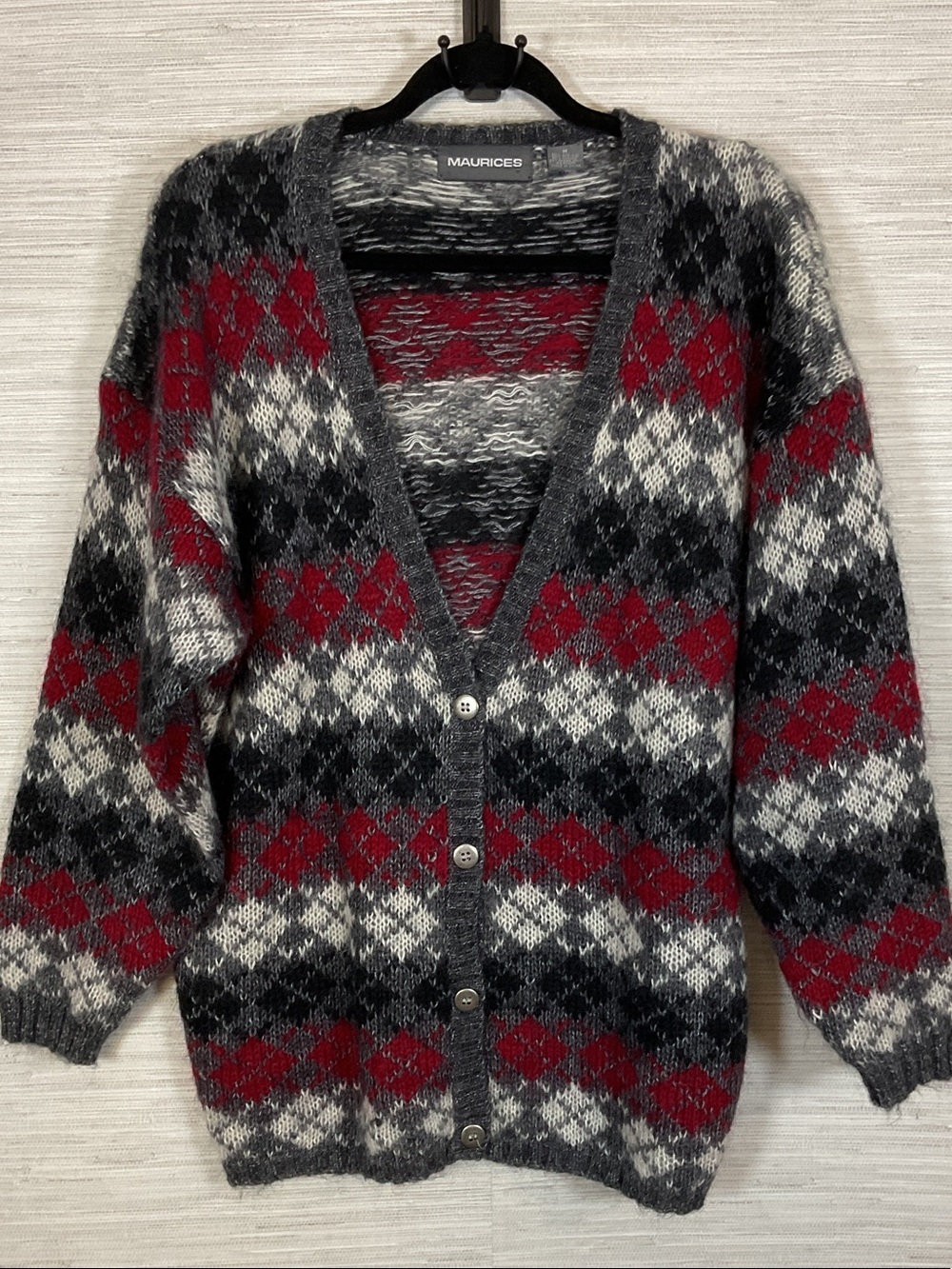 Vintage Maurices Mohair Blend Argyle Button Down Cardigan Med Red Grey White Y2K